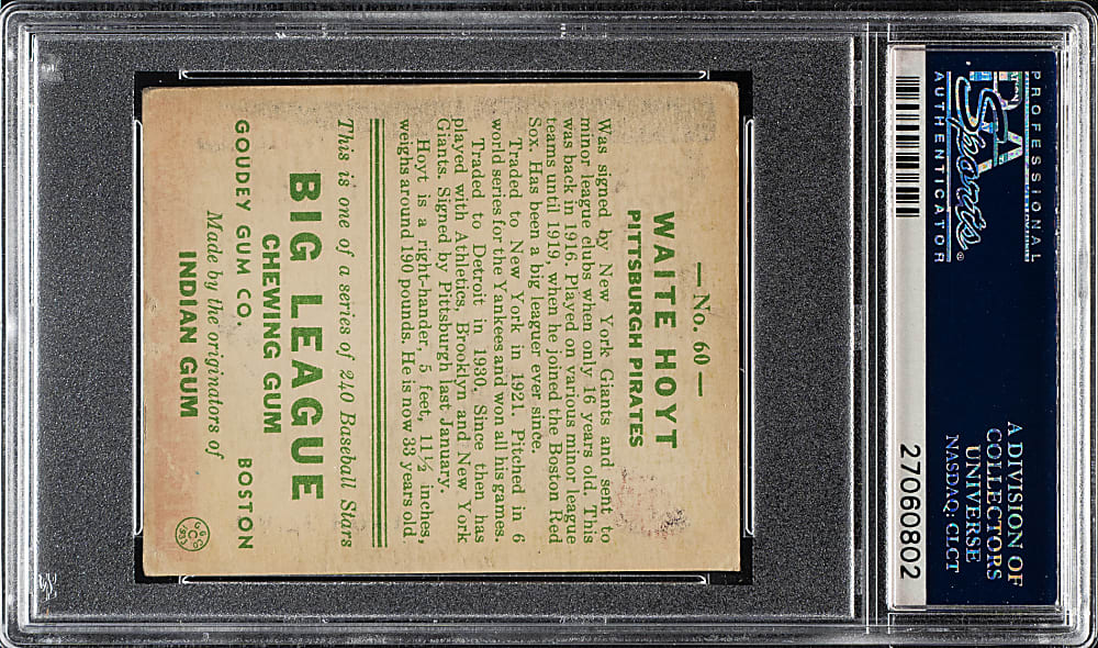 1933 R319 Goudey #60 Waite Hoyt PSA VG-EX 4