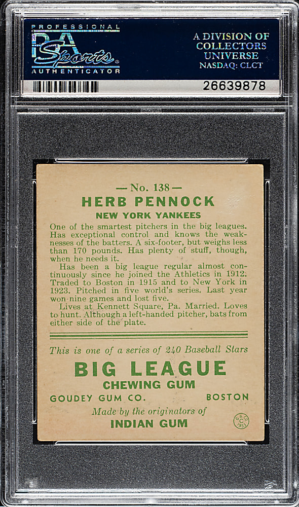 1933 R319 Goudey #138 Herb Pennock PSA EX 5