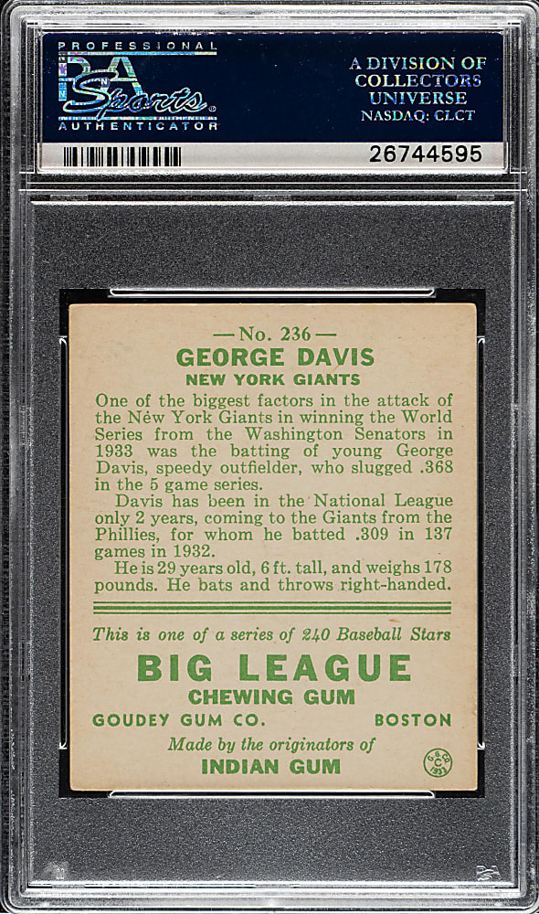 1933 R319 Goudey #236 George Davis PSA EX 5