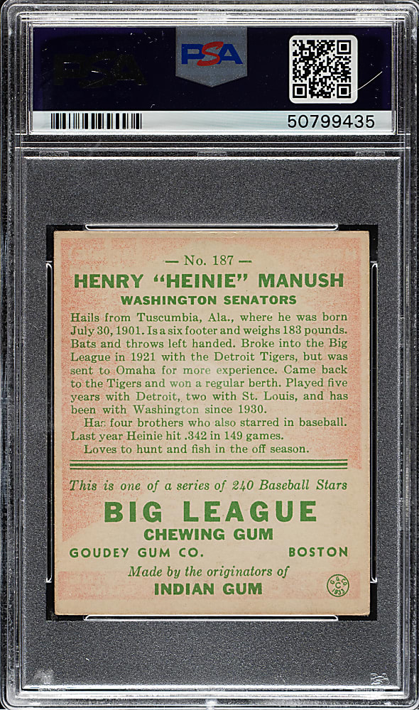 1933 R319 Goudey #187 Heinie Manush PSA VG-EX+ 4.5