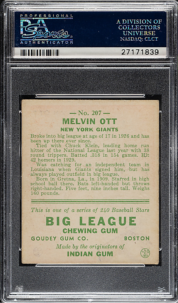 1933 R319 Goudey #207 Mel Ott PSA VG-EX 4