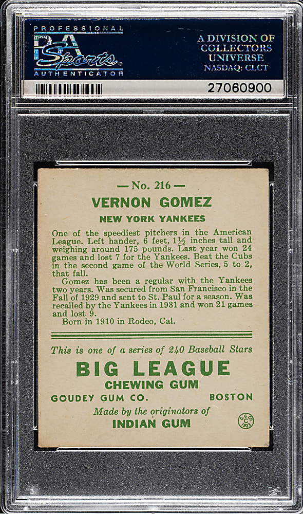 1933 R319 Goudey #216 Vernon Gomez PSA EX 5