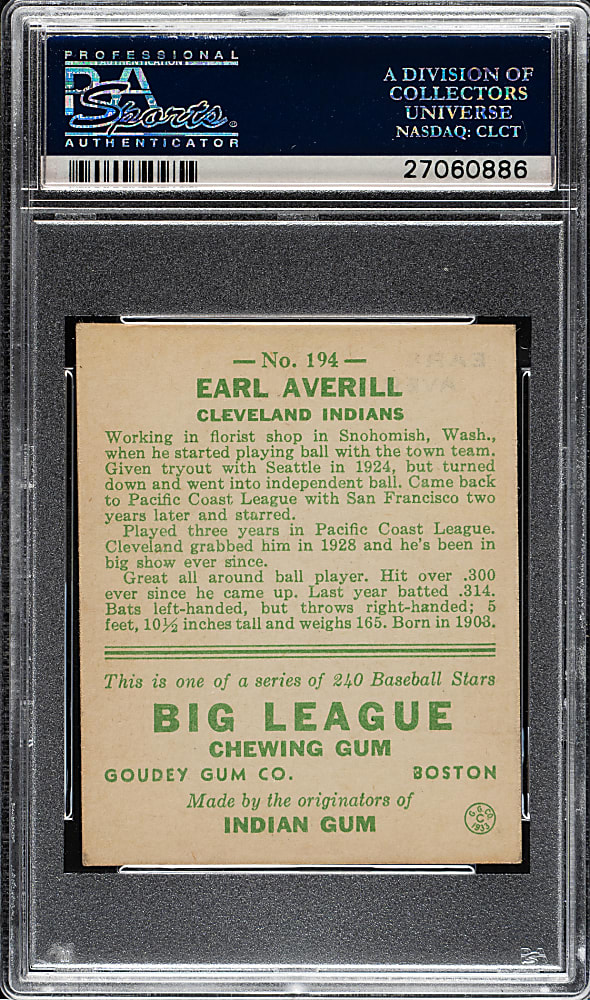 1933 R319 Goudey #194 Earl Averill PSA PSA EX+ 5.5