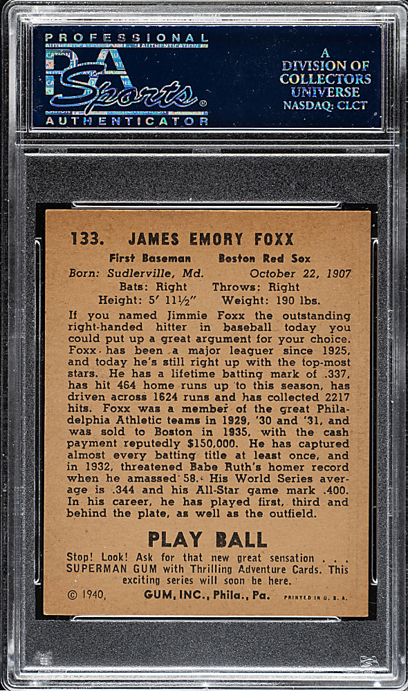 1940 R335 Play Ball #133 Jimmie Foxx PSA EX 5