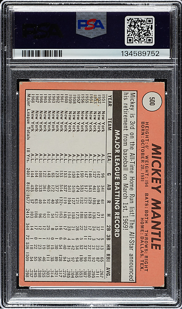 1969 Topps #500 Mickey Mantle PSA VG+ 3.5