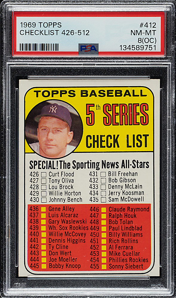 1969 Topps #412 Checklist with Mantle PSA NM-MT 8 (OC)
