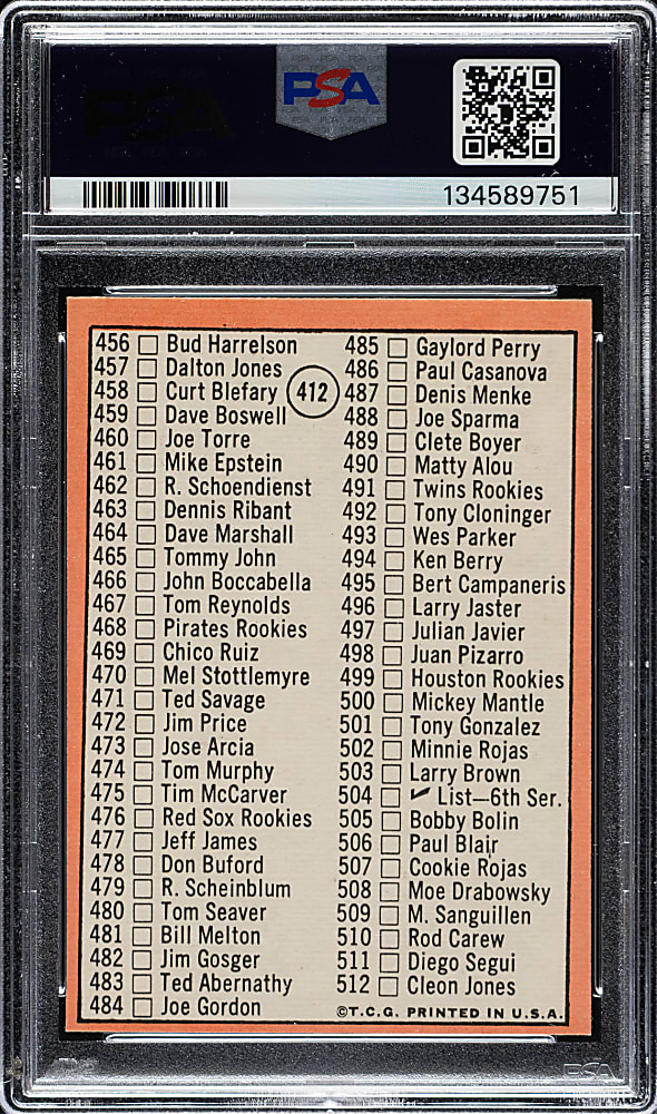 1969 Topps #412 Checklist with Mantle PSA NM-MT 8 (OC)