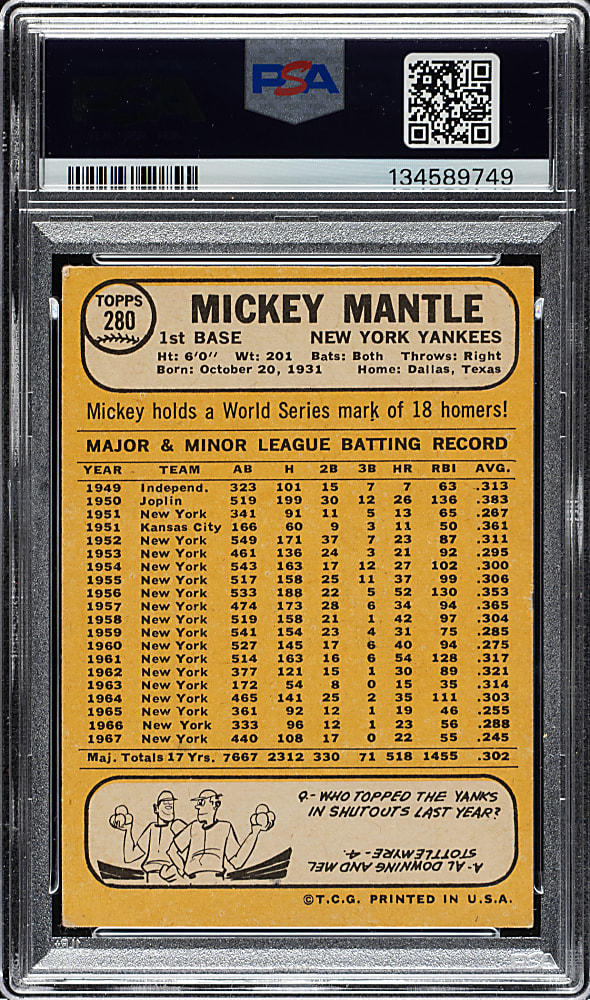 1968 Topps #280 Mickey Mantle PSA VG 3