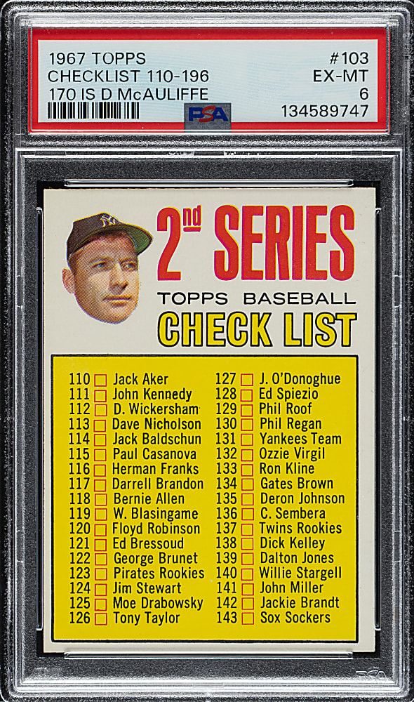1967 Topps #103 Checklist with Mantle (D. McAuliffe Variation) PSA EX-MT 6