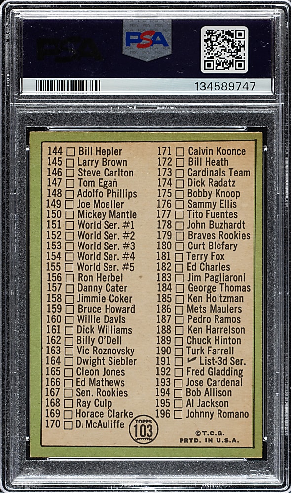 1967 Topps #103 Checklist with Mantle (D. McAuliffe Variation) PSA EX-MT 6
