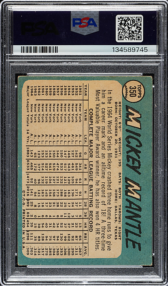1965 Topps #350 Mickey Mantle PSA VG+ 3.5