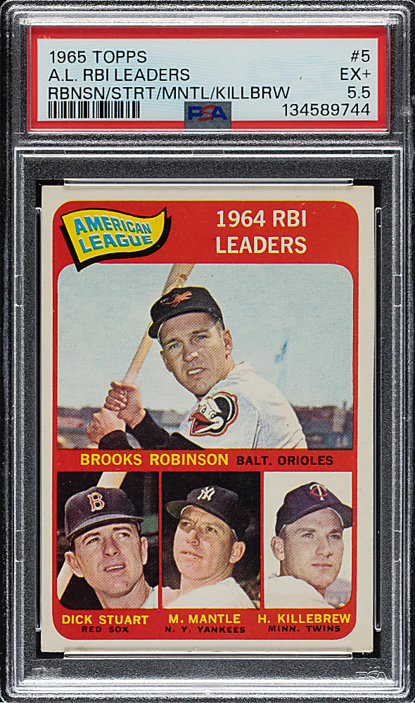 1965 Topps #5 AL RBI Leaders with Harmon Killebrew, Brooks Robinson, and Mickey Mantle PSA EX+ 5.5