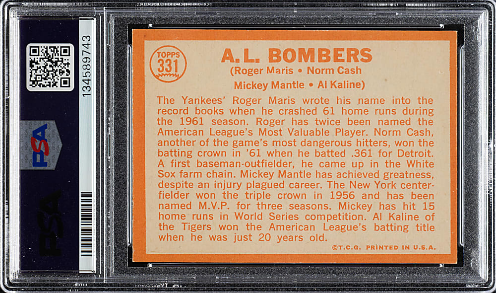 1964 Topps #331 A. L. Bombers with Mantle, Maris, and Kaline PSA EX+ 5.5