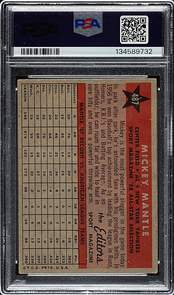 1958 Topps #487 Mickey Mantle All-Star PSA VG+ 3.5