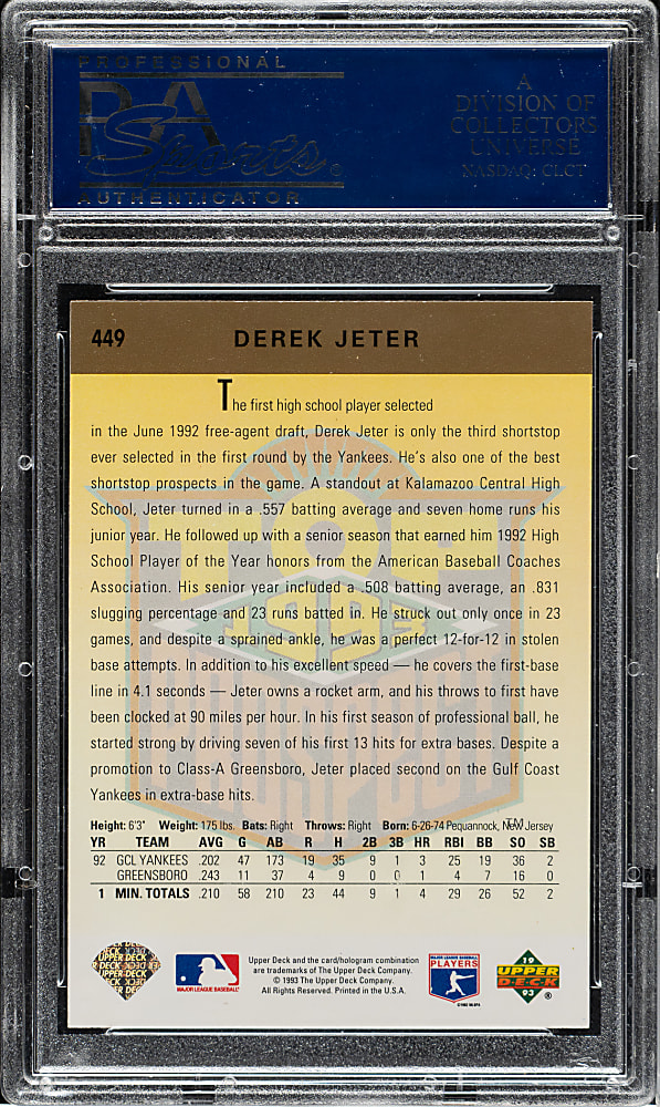 Signed 1993 Upper Deck #449 Derek Jeter Rookie - PSA/DNA