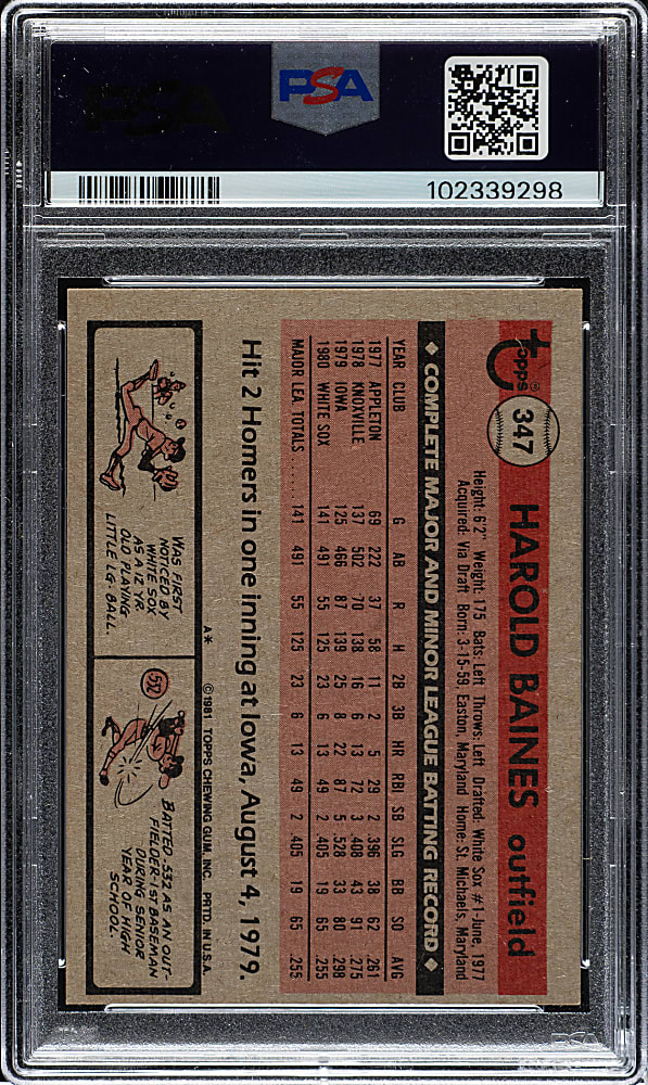 Signed 1981 Topps #347 Harold Baines Rookie PSA NM-MT 8 with GEM MINT 10 Signature