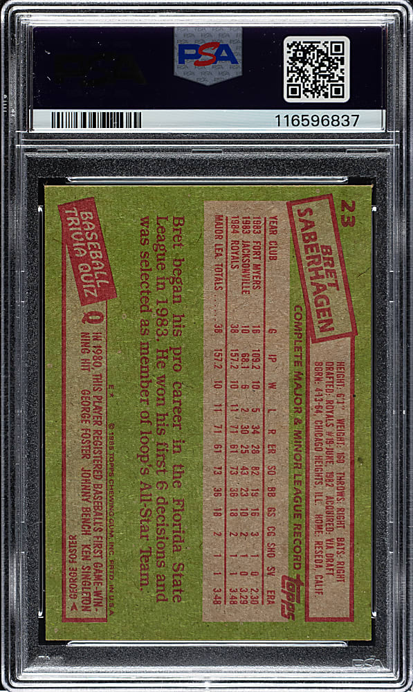 Signed 1985 Topps #23 Bret Saberhagen Rookie PSA/DNA GEM MINT 10