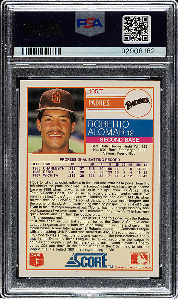 Signed 1988 Score Traded #105T Roberto Alomar Rookie PSA/DNA GEM MINT 10