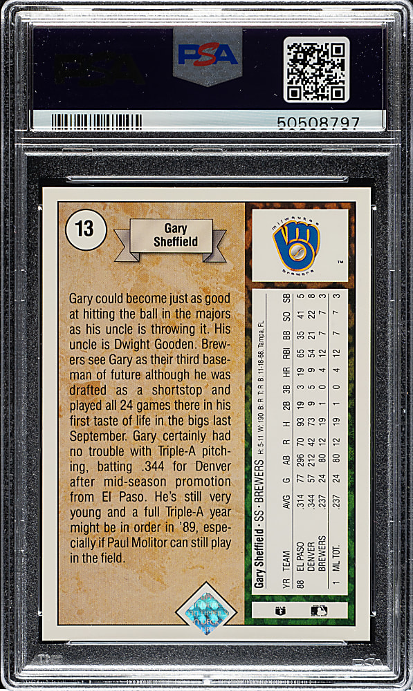 Signed 1989 Upper Deck #13 Gary Sheffield PSA/DNA MINT 9 with GEM MINT 10 Signature