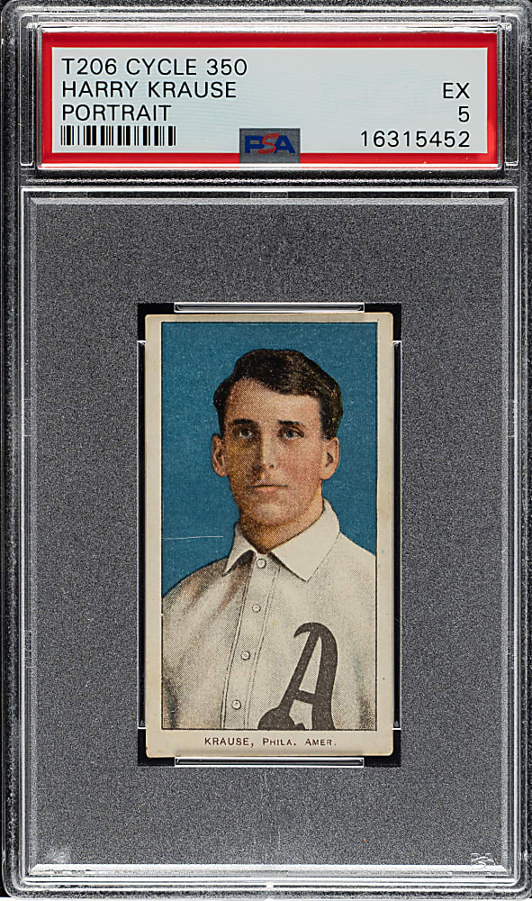 1909-1911 T206 White Border Harry Krause Portrait PSA EX 5 - Cycle 350 Back