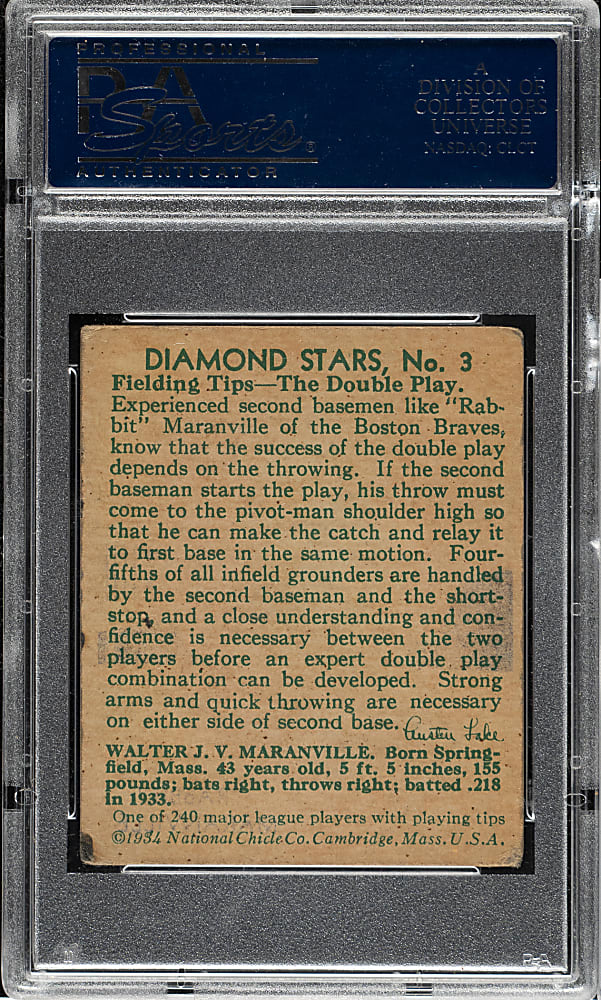 1934-1936 R327 Diamond Stars #3 Rabbit Maranville (1934 Green Back) PSA GOOD 2