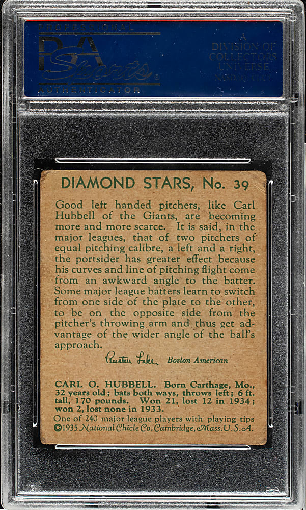 1934-1936 R327 Diamond Stars #39 Carl Hubbell PSA GOOD 2