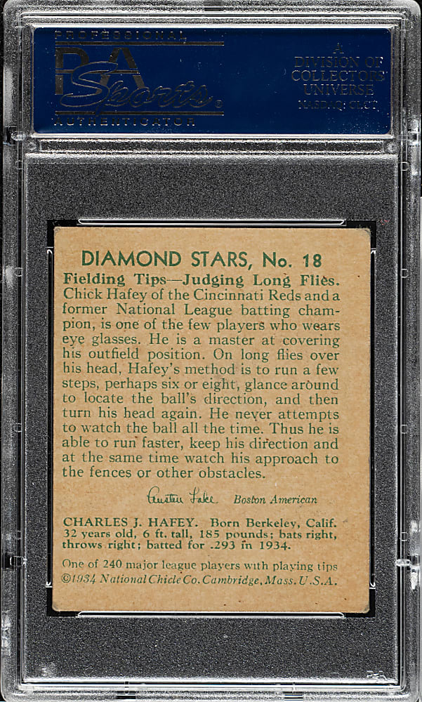 1934-1936 R327 Diamond Stars #18 Chick Hafey (1935 Green Back) PSA VG-EX 4