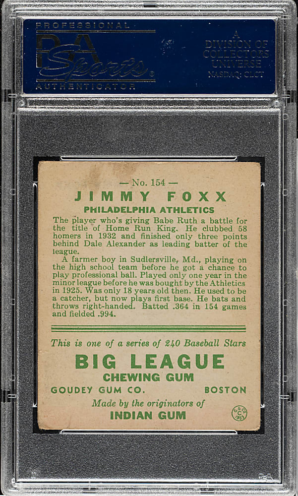 1933 R319 Goudey #154 Jimmy Foxx PSA VG 3