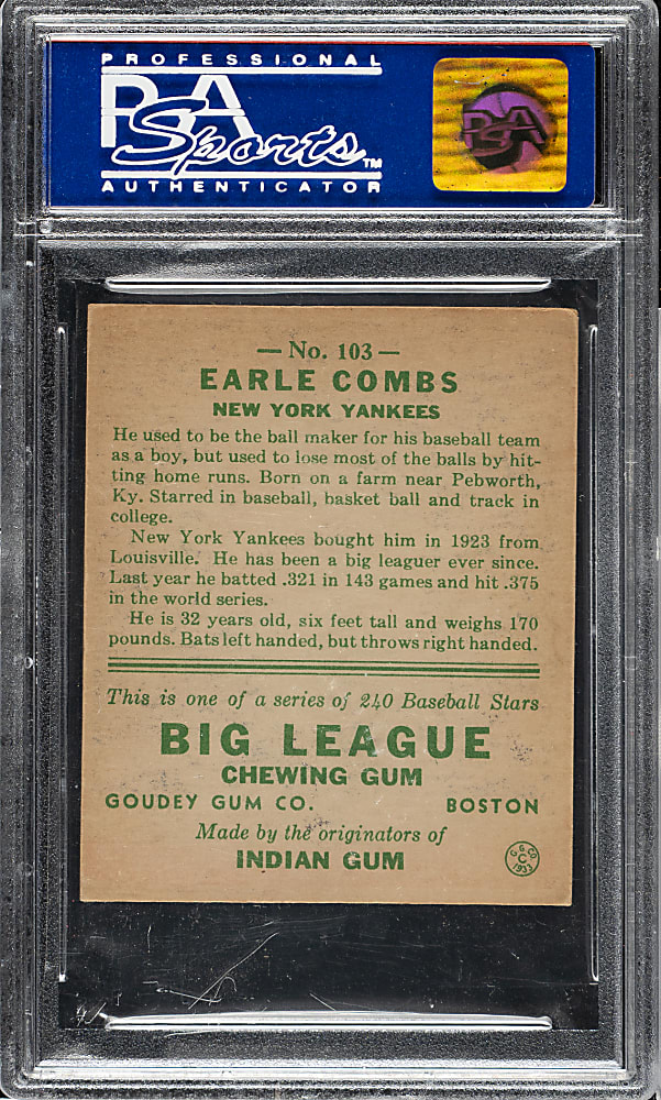 1933 R319 Goudey #103 Earle Combs PSA EX-MT 6