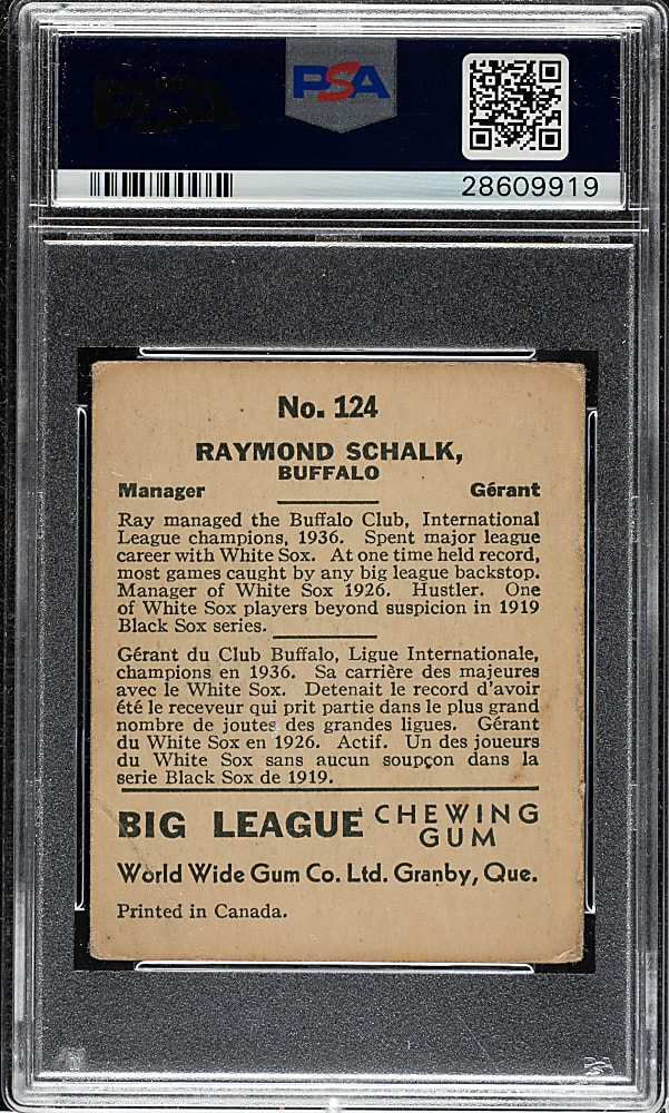 1936 V355 World Wide Gum #124 Ray Schalk PSA VG 3