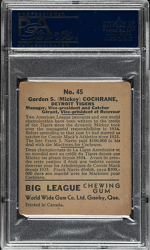 1936 V355 World Wide Gum #45 Mickey Cochrane PSA VG+ 3.5