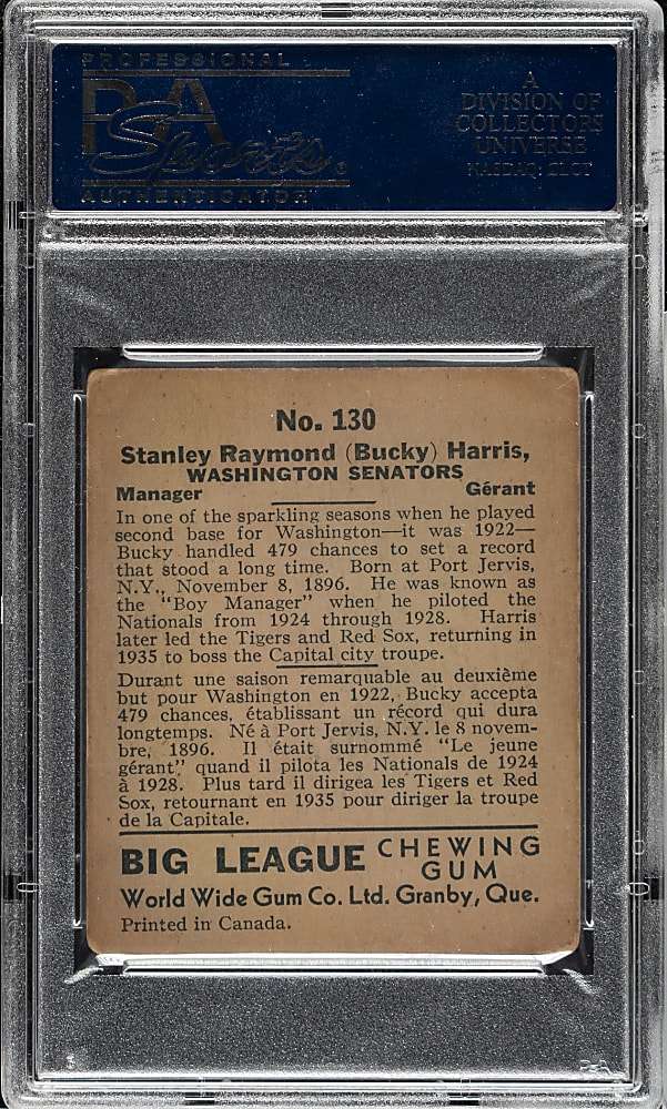 1936 V355 World Wide Gum #130 Bucky Harris PSA VG 3