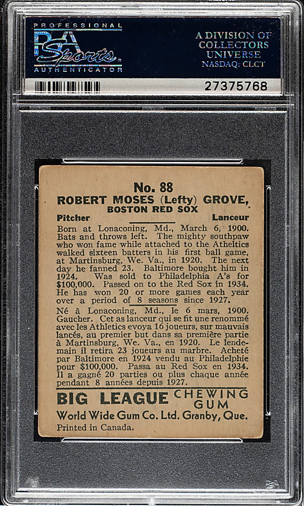 1936 V355 World Wide Gum #88 Lefty Grove PSA VG 3