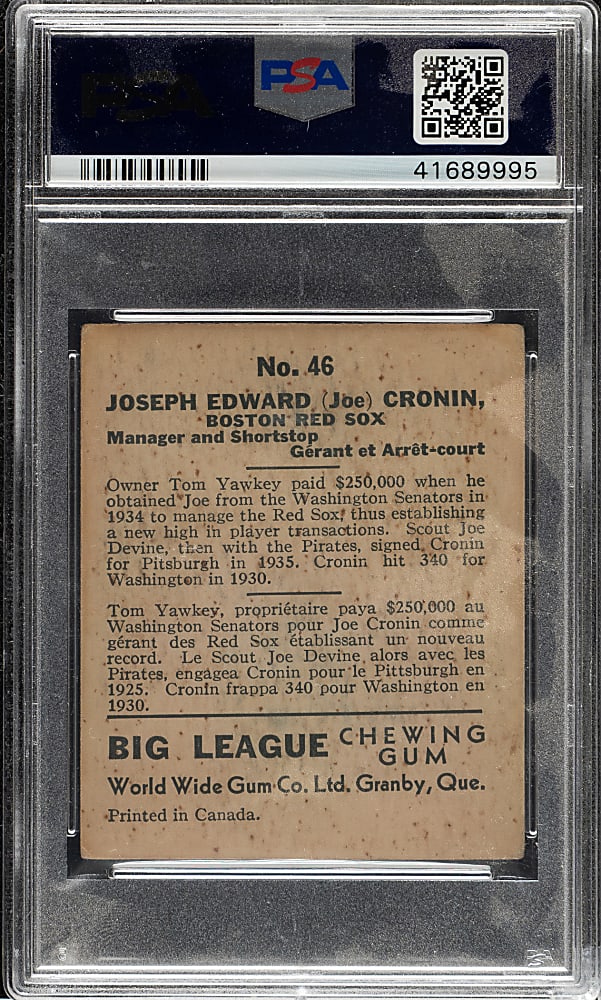 1936 V355 World Wide Gum #46 Joe Cronin PSA VG-EX 4