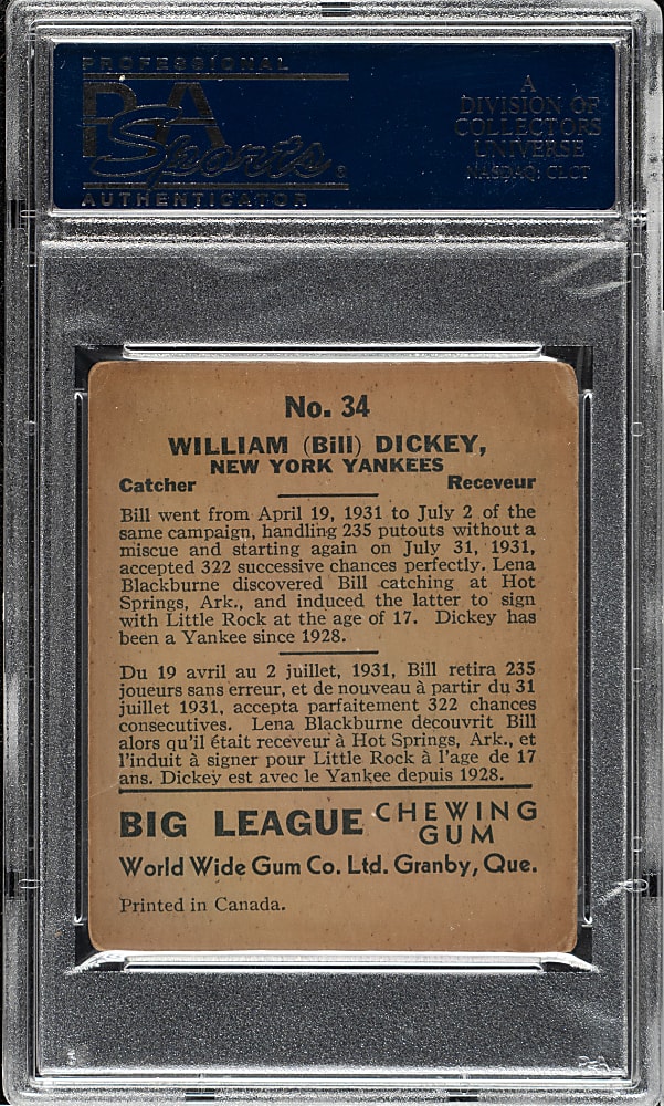 1936 V355 World Wide Gum #34 Bill Dickey PSA VG 3