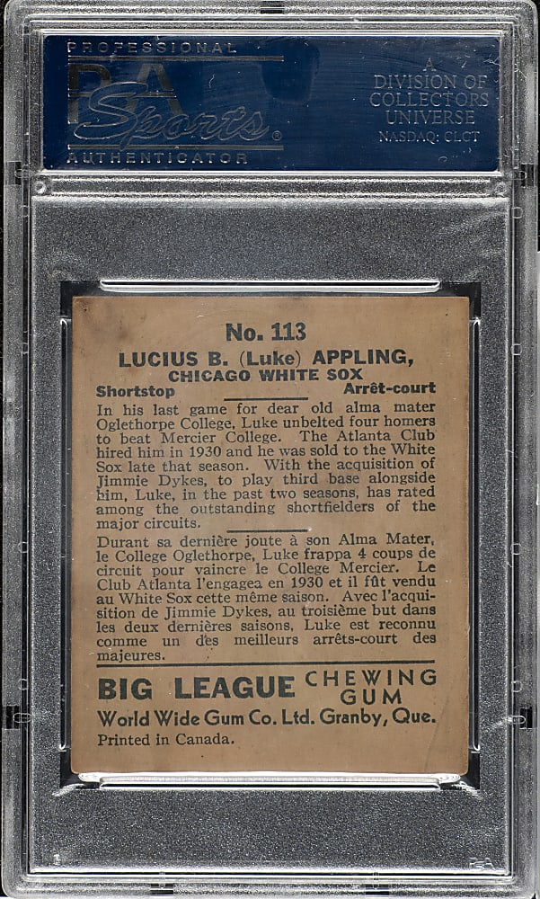 1936 V355 World Wide Gum #113 Luke Appling PSA VG-EX 4