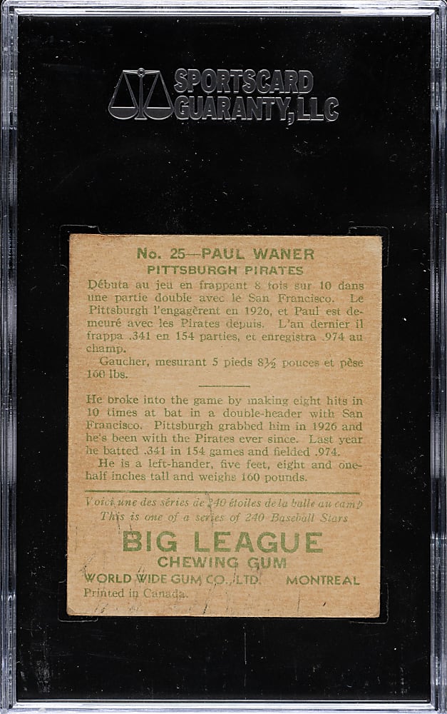 1933 V353 World Wide Gum Canadian Goudey #25 Paul Waner SGC VG 40