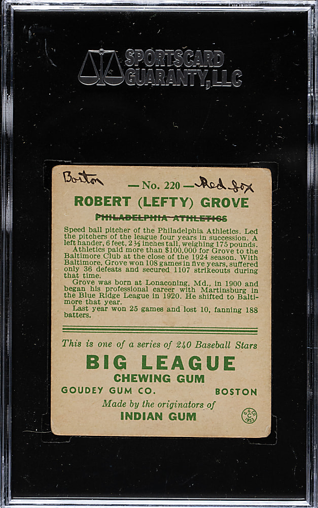 1933 R319 Goudey #220 Lefty Grove SGC FAIR 20