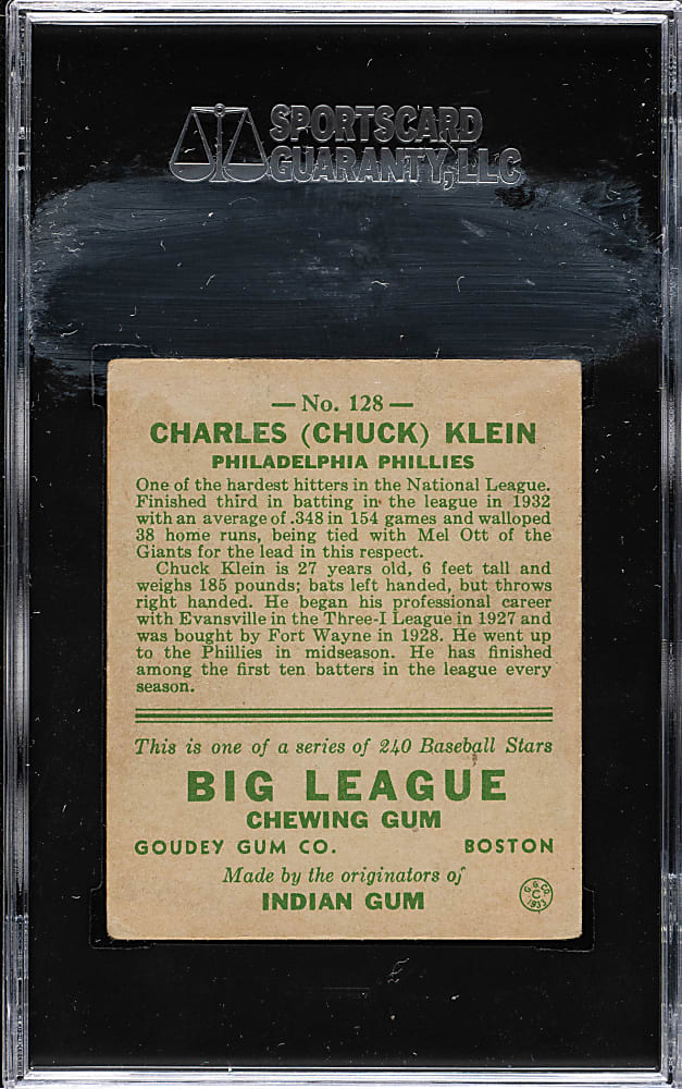 1933 R319 Goudey #128 Chuck Klein SGC VG 40