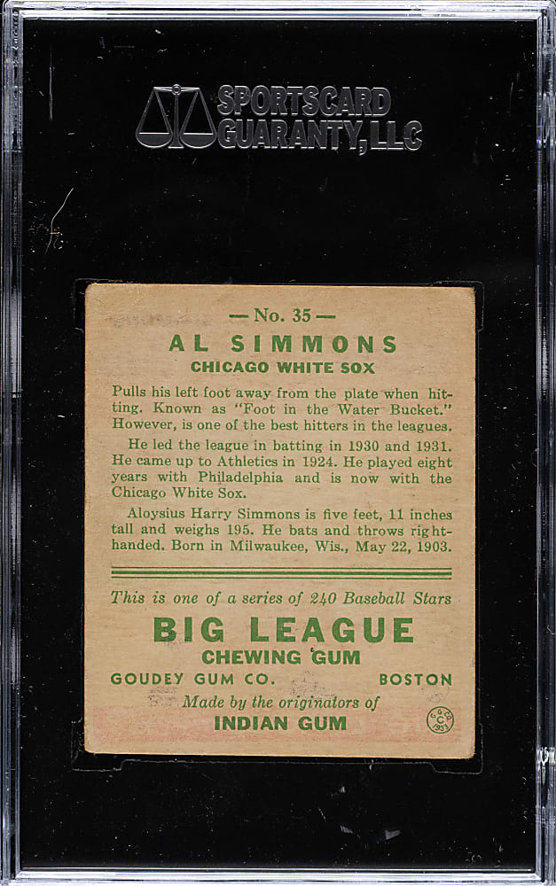1933 R319 Goudey #35 Al Simmons SGC VG 40