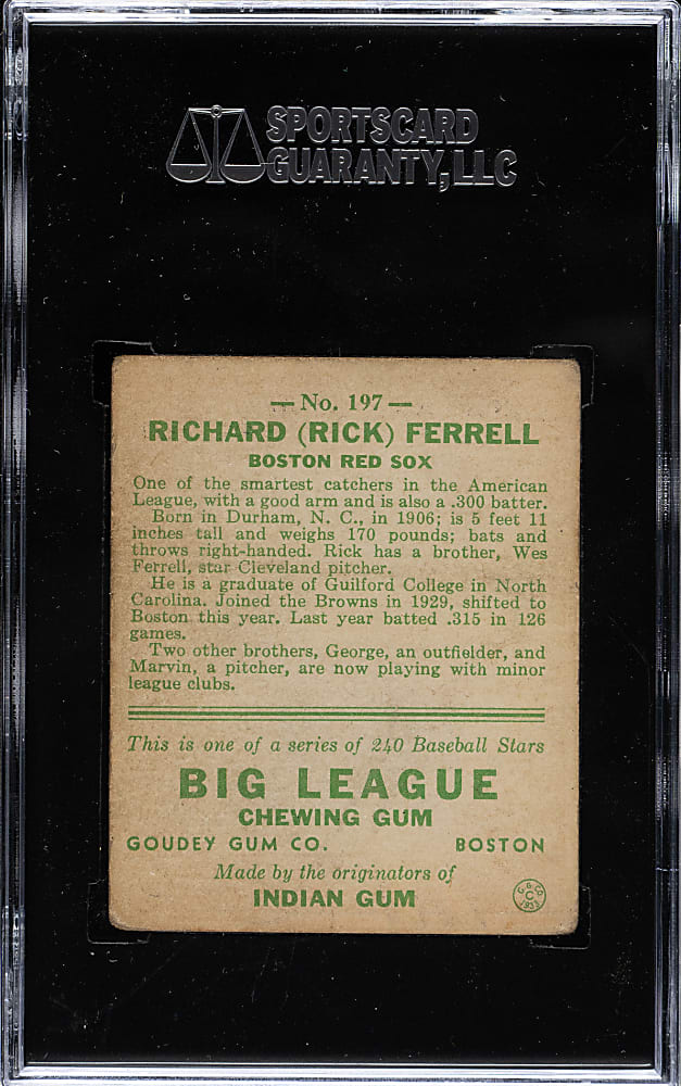 1933 R319 Goudey #197 Rick Ferrell SGC GOOD 30