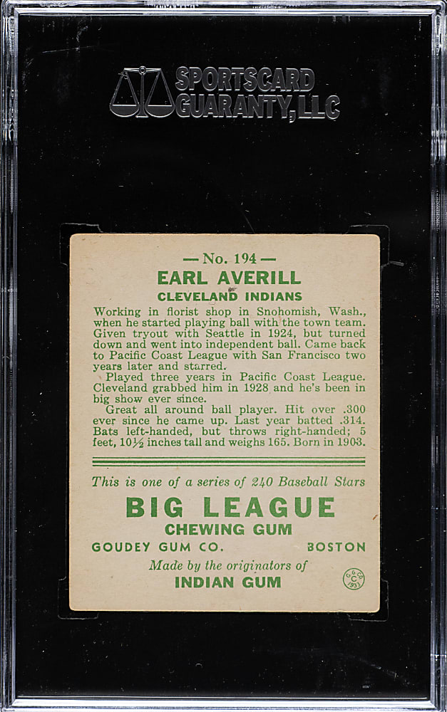 1933 R319 Goudey #194 Earl Averill SGC VG 40