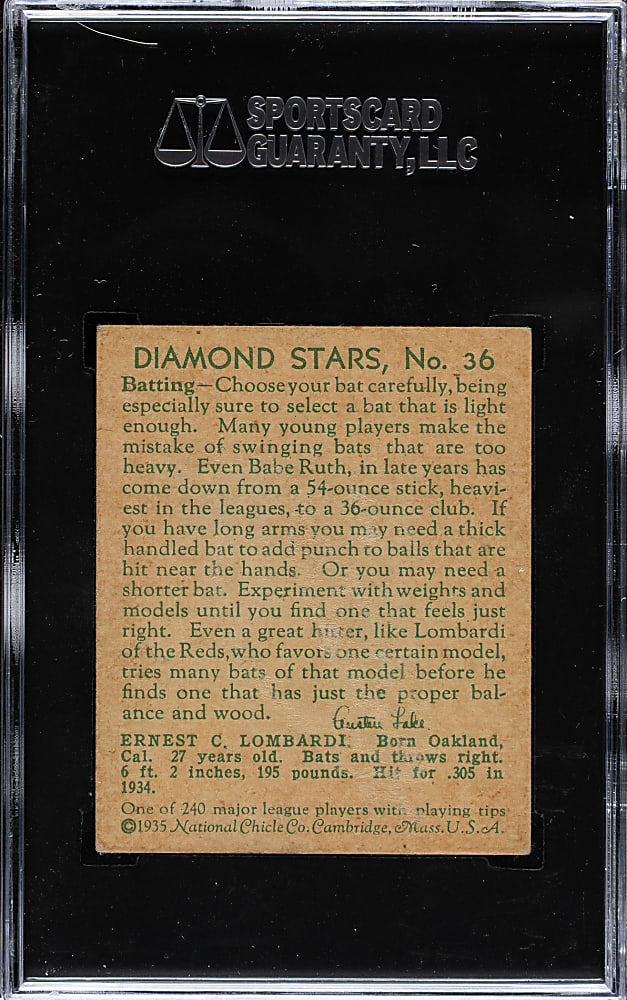 1934-1936 R327 Diamond Stars #36 Ernie Lombardi - "Earnie" Error Card (1935 Green Back) SGC FAIR 20