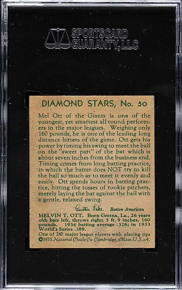 1934-1936 R327 Diamond Stars #50 Mel Ott SGC VG 40