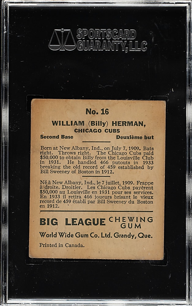 1936 V355 World Wide Gum #16 Billy Herman SGC GOOD+ 35