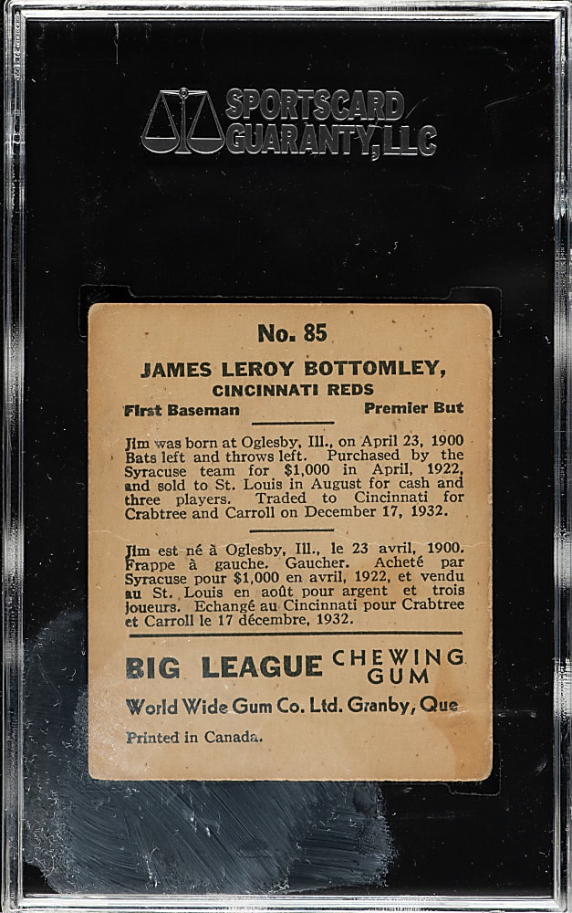 1936 V355 World Wide Gum #85 Jim Bottomley SGC GOOD+ 35
