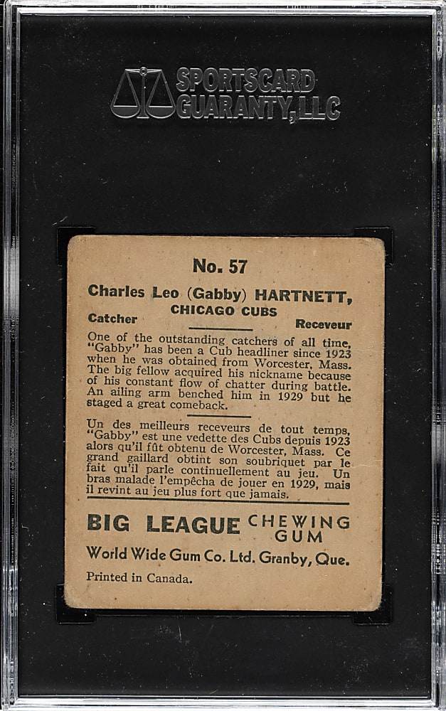 1936 V355 World Wide Gum #57 Gabby Hartnett SGC GOOD+ 35