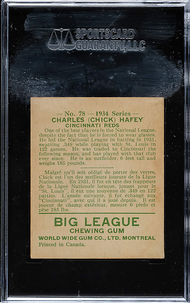 1934 V354 World Wide Gum Canadian Goudey #78 Chick Hafey SGC VG/EX 50