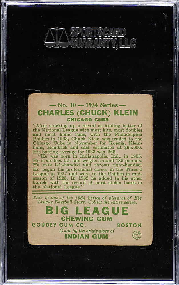 1934 R320 Goudey #10 Chuck Klein SGC FAIR 20