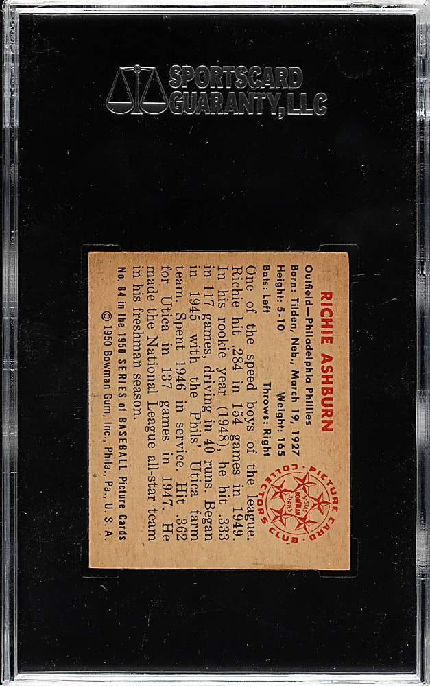 1950 Bowman #84 Richie Ashburn SGC EX 60